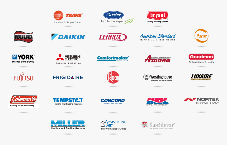 HVAC brands including Carrier, Trane, Lennox, Daikin, Mitsubishi, Goodman, York, Rheem and more